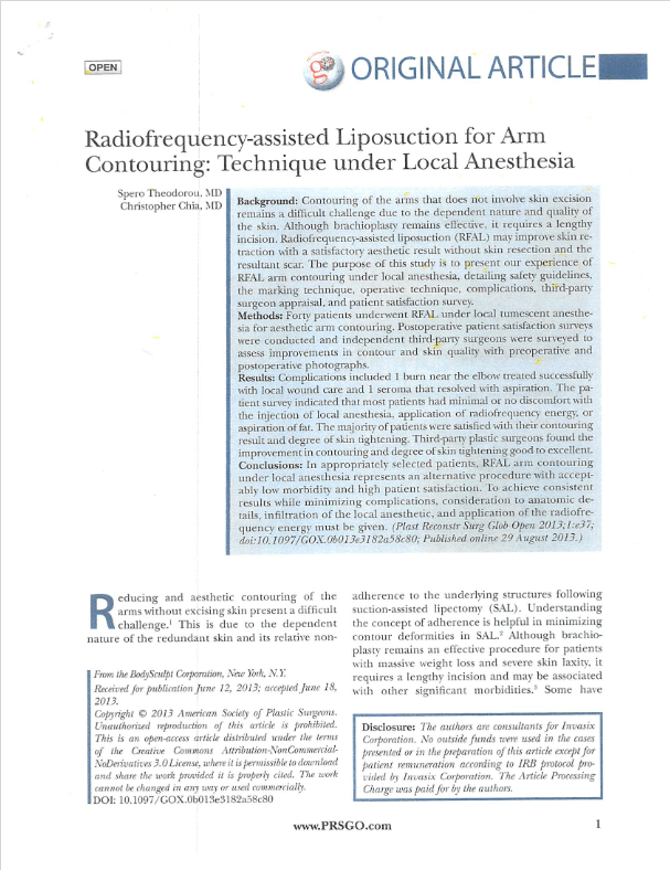 Radiofrequency-assisted Liposuction for Arm Contouring: Technique under Local Anesthesia