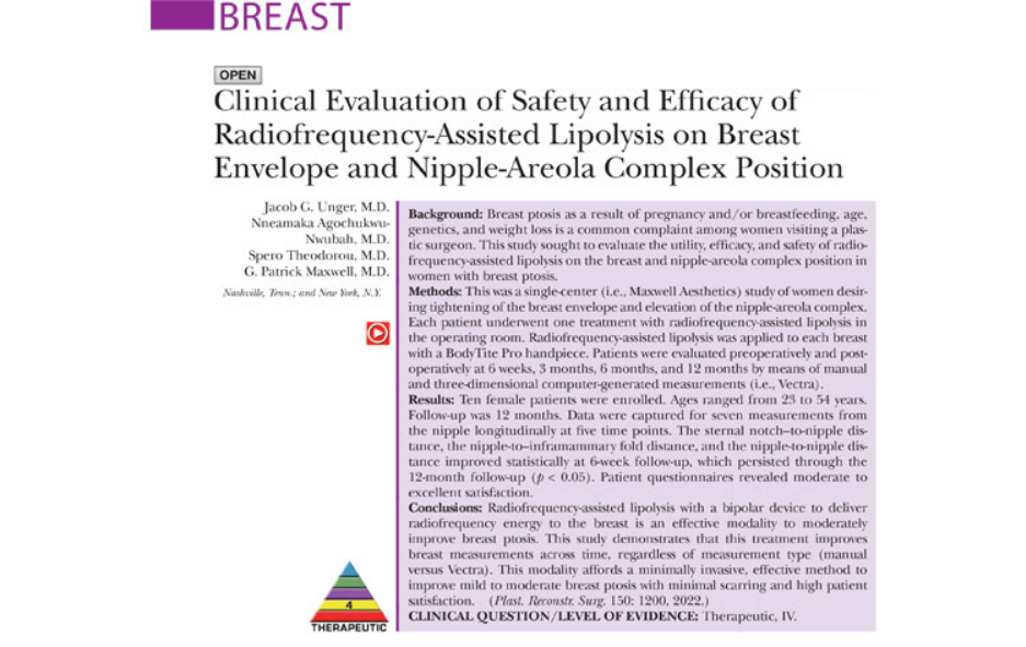 Clinical Evaluation of Safety and Efficacy of Radiofrequency-assisted Lipolysis on Breast Envelope and Nipple-Areola Complex Position