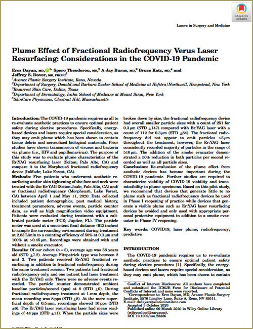 Plume Effect of Fractional Radiofrequency Verus Laser Resurfacing: Considerations in the COVID‐19 Pandemic