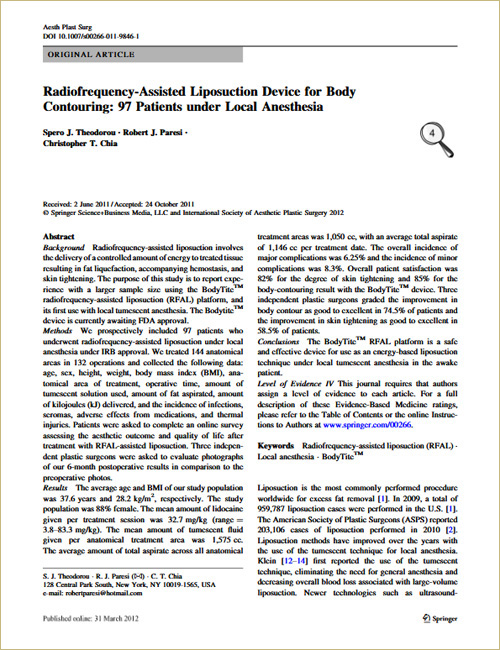 Radiofrequency-Assisted Liposuction Device for Body Contouring: 97 Patients under Local Anesthesia
