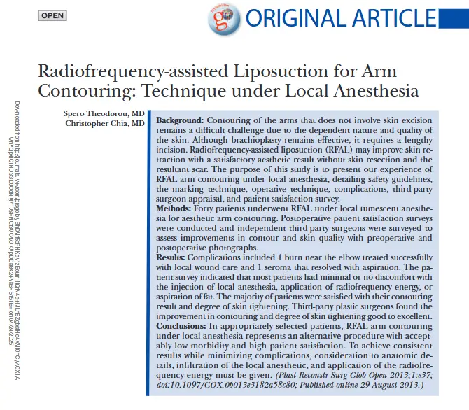 Radiofrequency-assisted Liposuction for Arm<br />
Contouring: Technique under Local Anesthesia